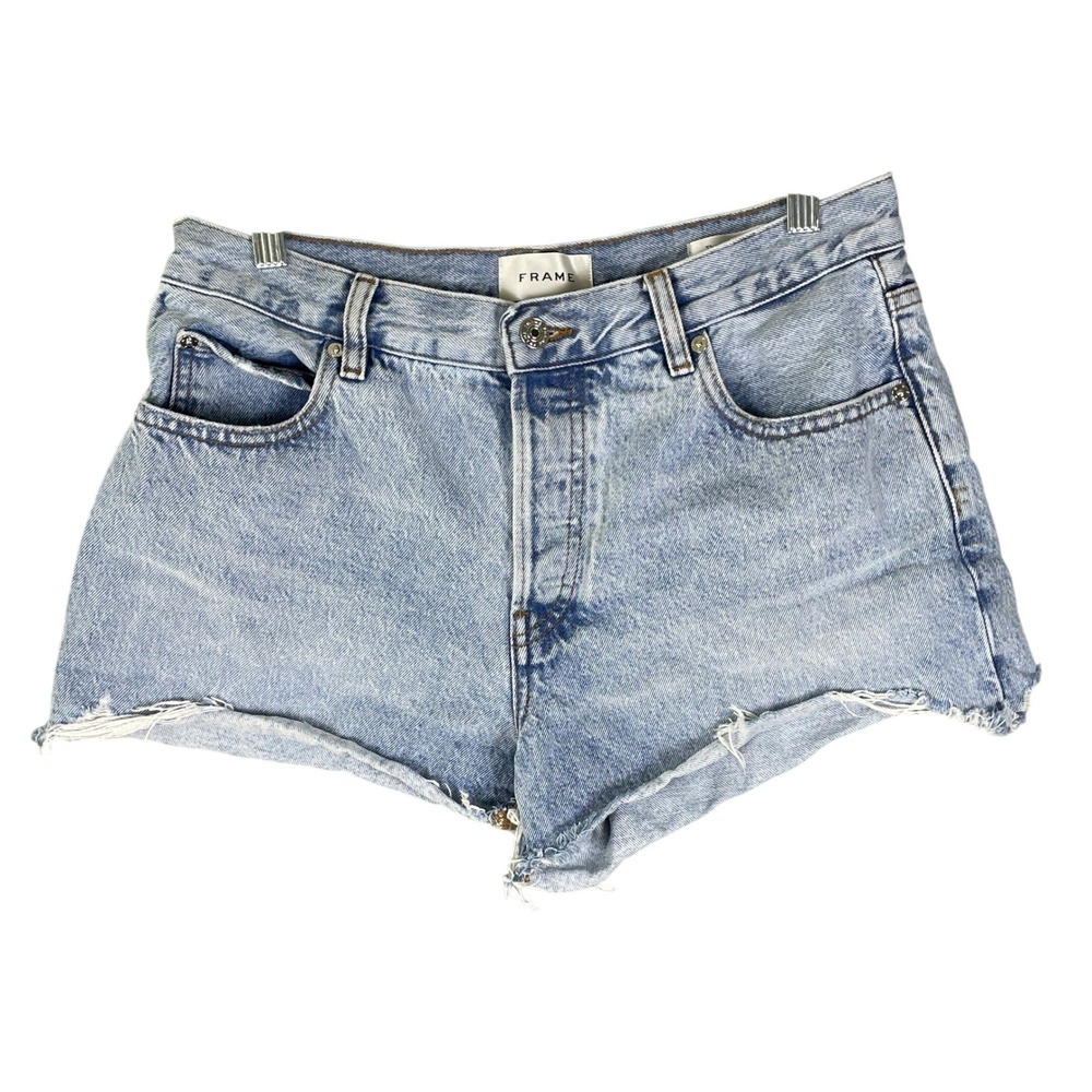 Frame The Hang Short Womens 29 Light Blue Excellent Acid Wash Raw Hem Cut Offs